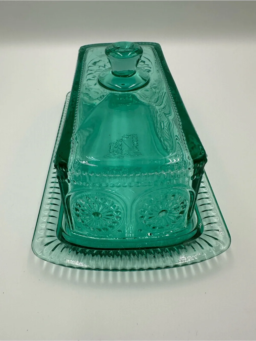 The Pioneer Woman Adeline Teal Embossed Glass Covered Butter Keeper Dish